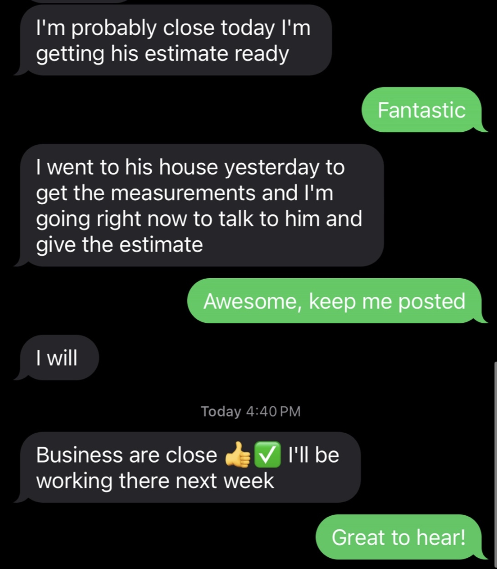 Text conversation showing $35,900 preliminary estimate