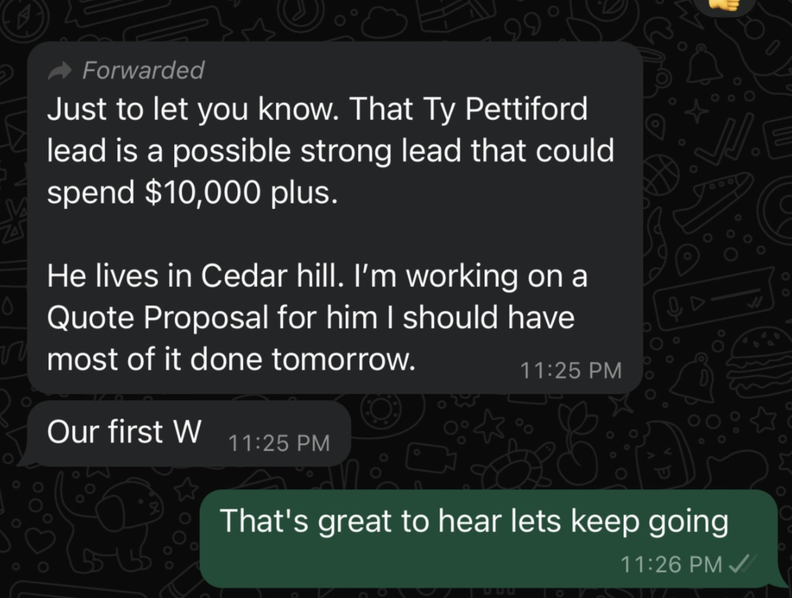 Text conversation showing successful business closure